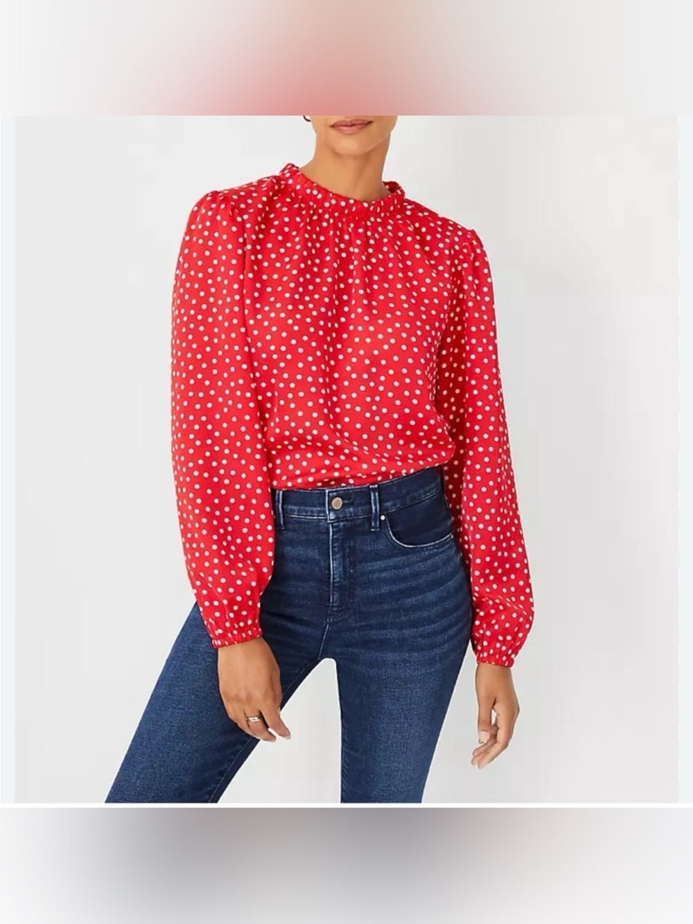 Ann Taylor Red White Polka Dot High Neck Longsleeve Blouse Top Medium